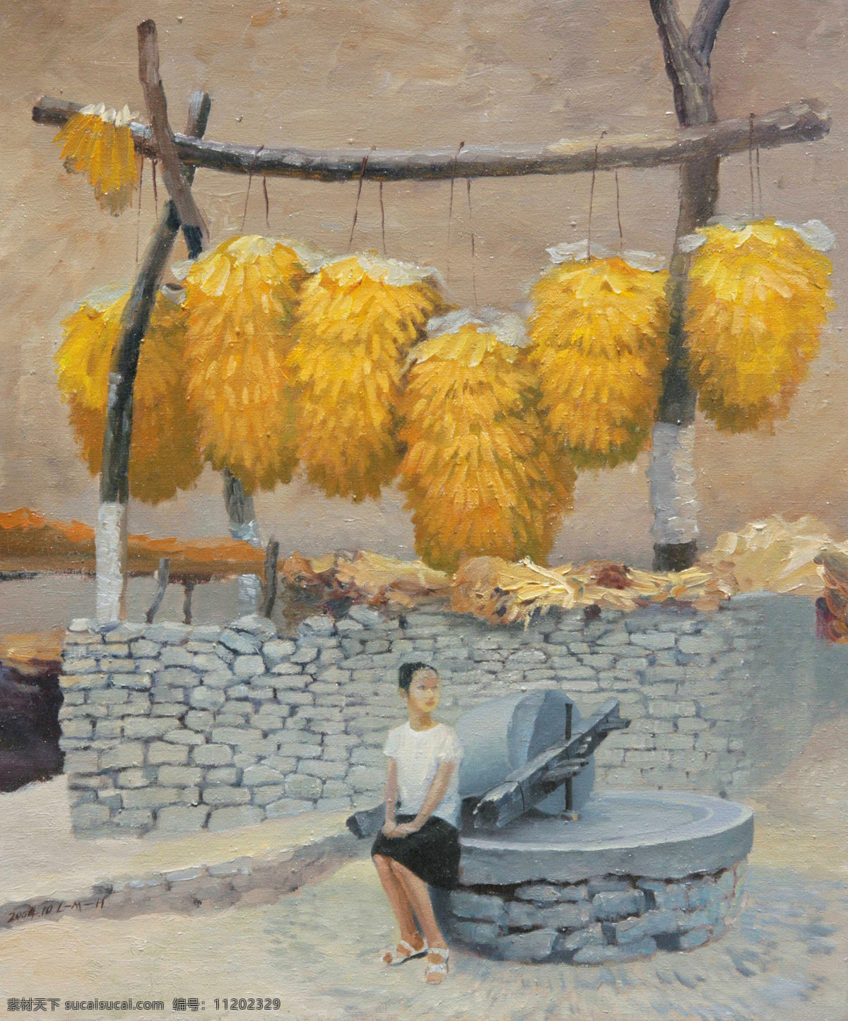 北国农家 美术 油画 村子 农庄 玉米 石磨 女人 姑娘 油画艺术 油画作品49 绘画书法 文化艺术