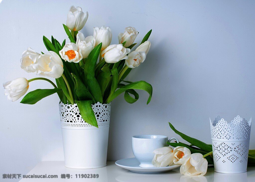 白色 郁金香 创意 花瓶 装饰画 咖啡杯 闲适
