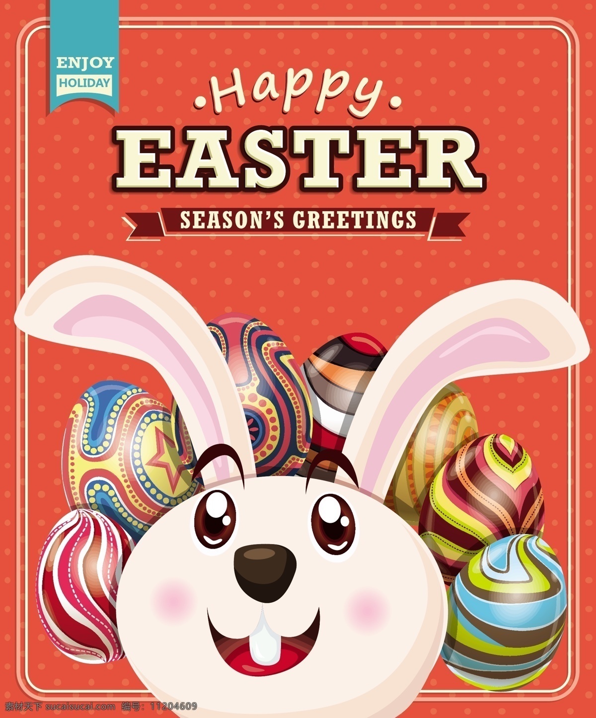 红色 波 点 背景 复活节 海报 矢量 粉色 兔子 复古 边框 彩蛋 卡通 矢量素材 鸡蛋 插画
