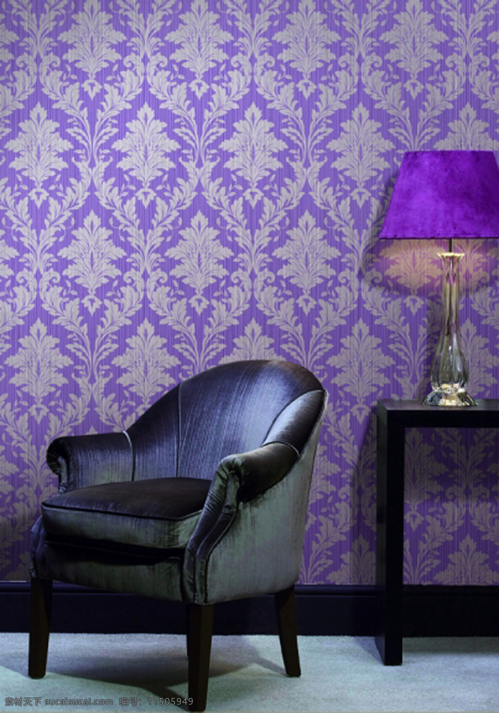 墙纸 背景墙 高贵 花型 环境设计 欧式 沙发 台灯 紫色 室内设计 装饰素材