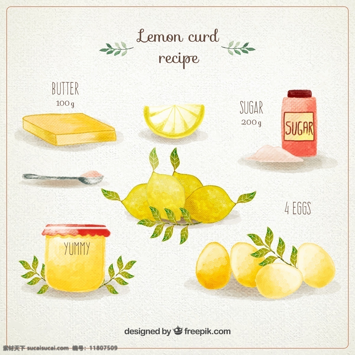 水彩 绘 柠檬 酱 食谱 矢量 黄油 糖 鸡蛋 柠檬酱 食物 水彩画 勺子 矢量图