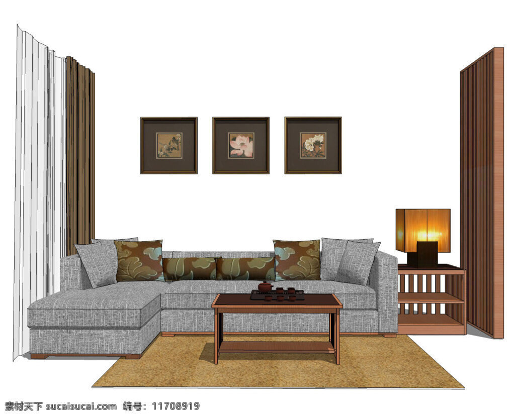 家居 客厅 su 模型 综合 效果图 灰色 台灯 柜子 3d模型 沙发花 抱枕 棕色边几 三联画 组合模型 家居效果图