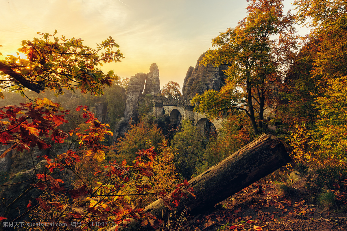 德国秋季风景 德国风景 灌木 树林 桥 山石 岩石 树木 秋季风景 秋天风景 傍晚 晚霞 自然景观 自然风景