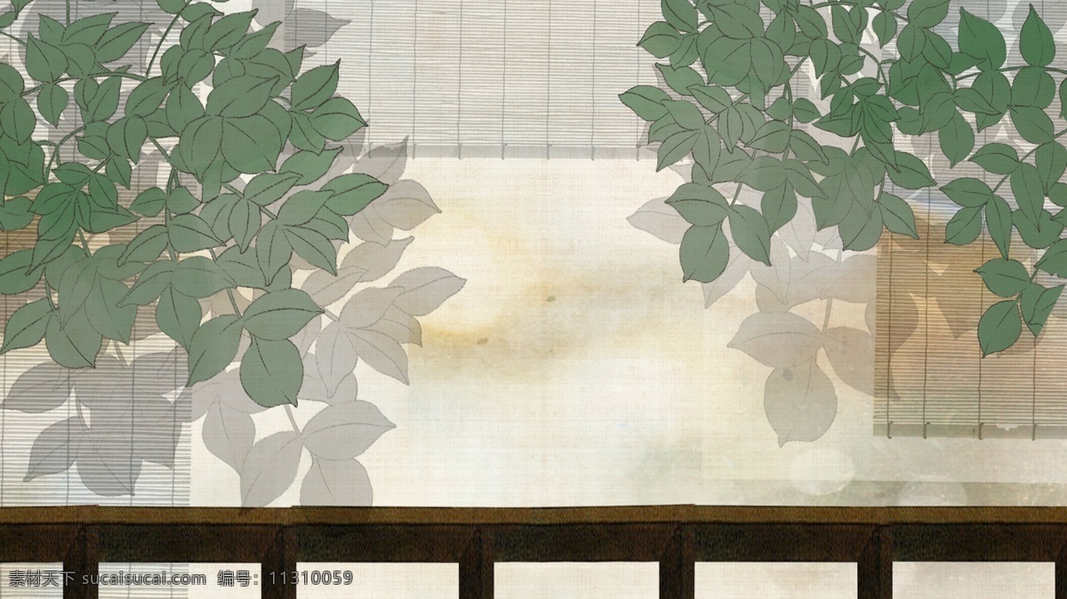 古代 竹 卷帘 绿叶 栏杆 卡通 元素 竹卷帘
