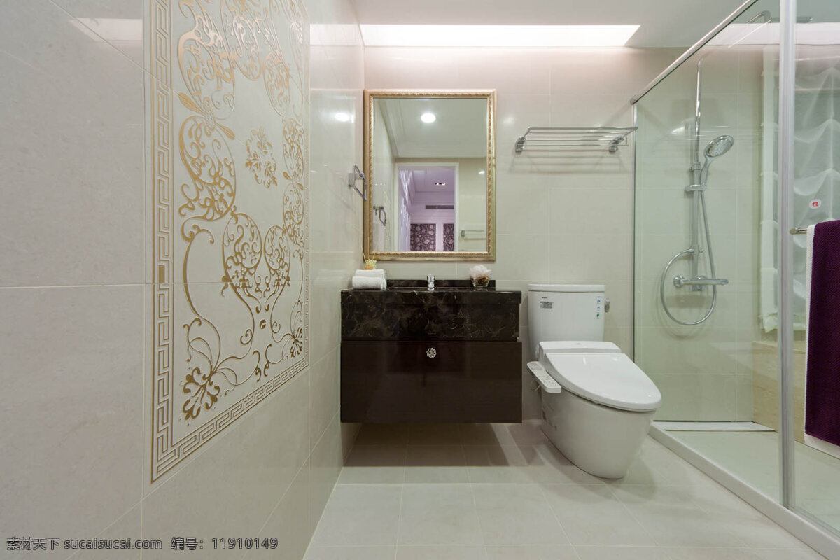 现代 简洁 浴室 金色 花纹 背景 墙 室内装修 效果图 白色背景墙 白色地板 金色花纹 玻璃隔断 深色柜子