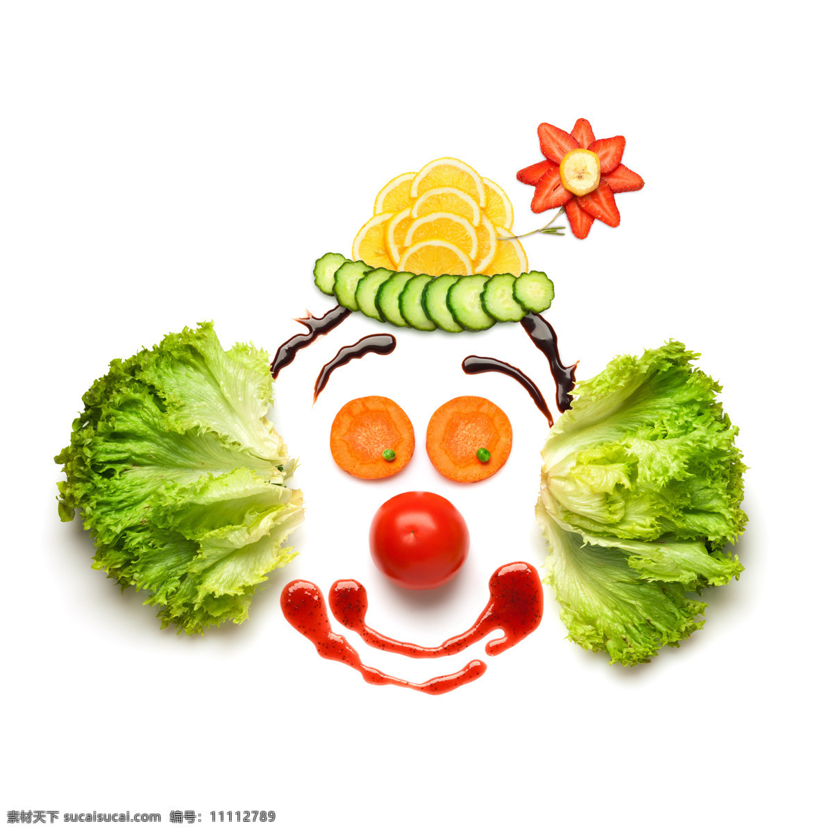 蔬菜水果 组成 小丑 新鲜蔬菜 番茄 西红柿 生菜 柠檬 草莓 新鲜水果 水果蔬菜 餐饮美食 白色