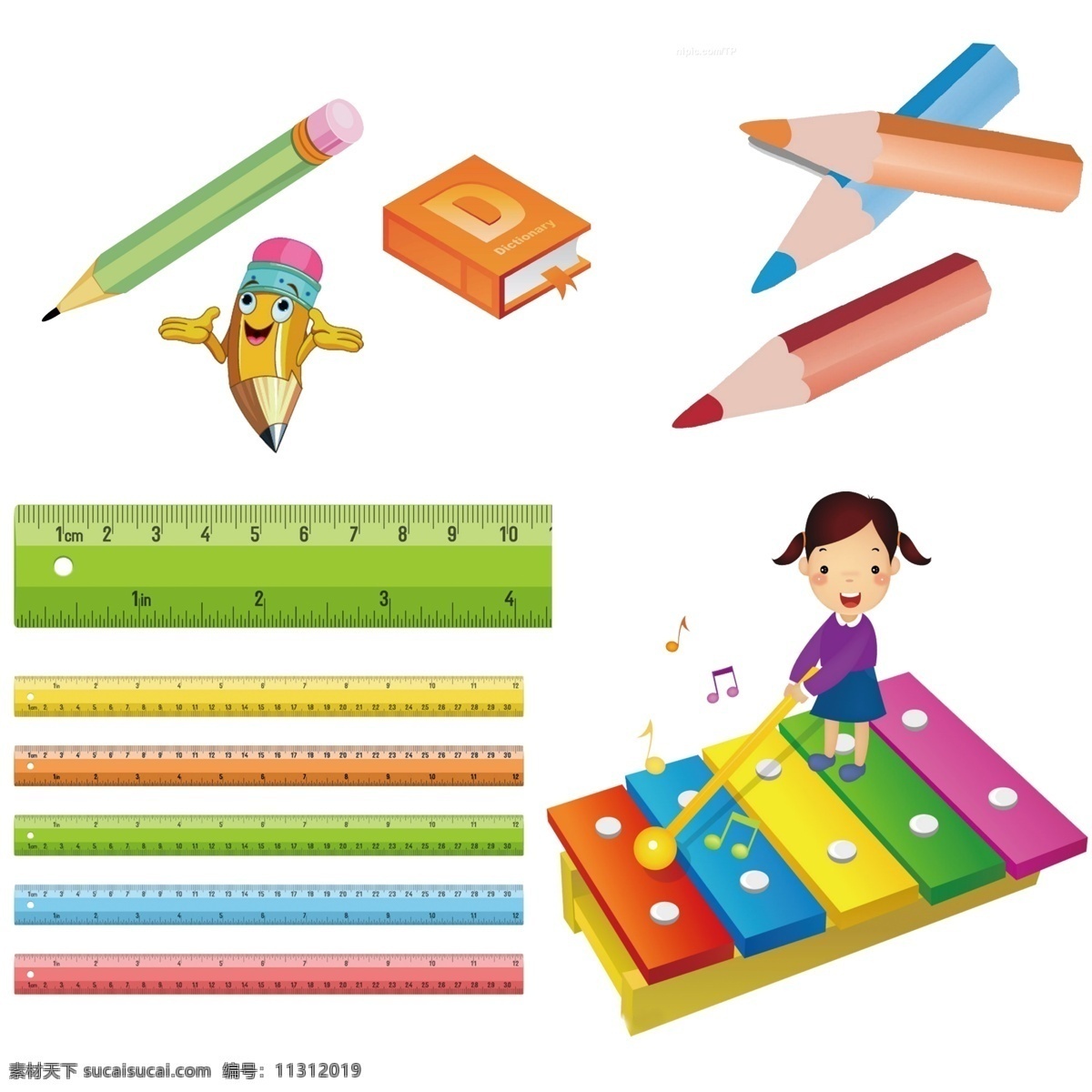 直尺书本素材 卡通宝宝 音符 直尺 书记 铅笔 幼儿类 分层