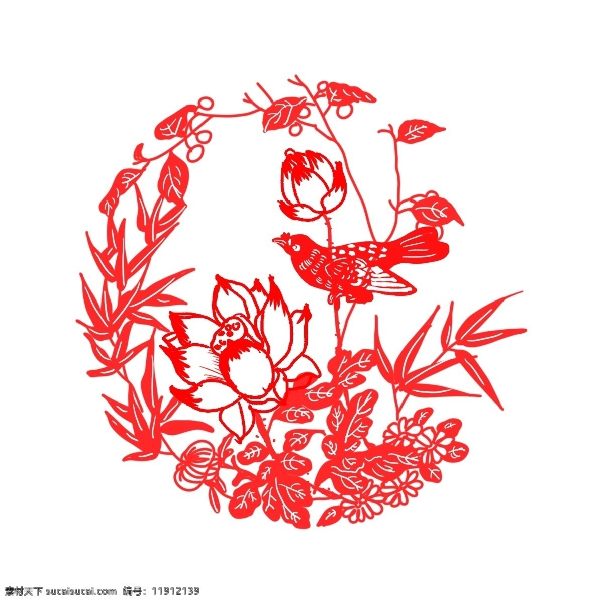 窗花 剪 纸鱼 鸟 字 新年 传统节日 手绘 插画 商用 花 中国风 古风 荷花