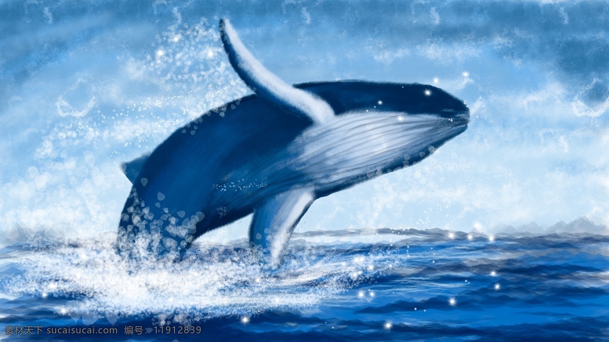 手绘 跃出 水 面的 鲸鱼 深海 蓝天 水花 治愈