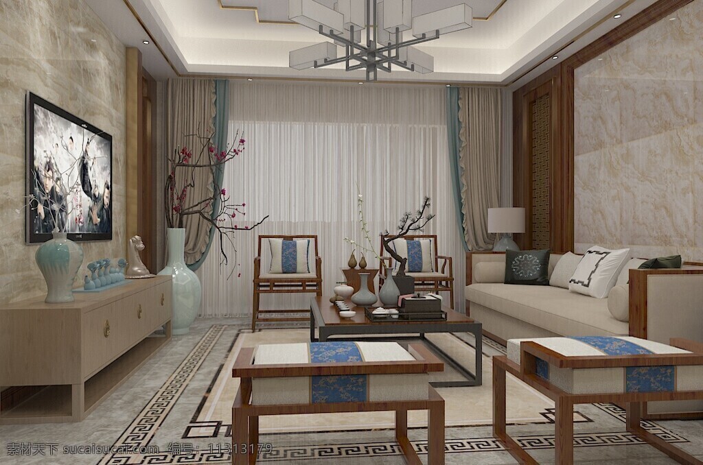 中式 客厅 装修 效果图 家装效果图 布艺沙发 石材 吊灯 新中式 波打线 石膏板吊顶