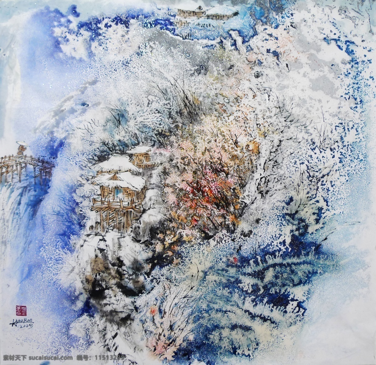 踏雪寻幽 白浩然作品 泼墨画 水墨画 水墨中国 墨海堂 山水泼墨 玉树银花 琼枝玉叶 乡野情怀 红灯笼 草屋 白雪 中国山水 白雪圣境 大雪无尘 冬韵 绘画书法 文化艺术