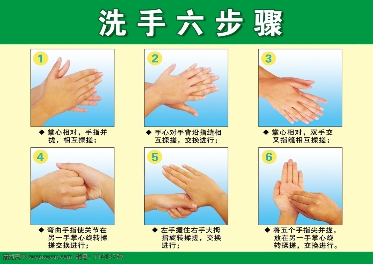 洗手六步骤 洗手 洗手步骤 学校展板 绿色背景 卫生习惯