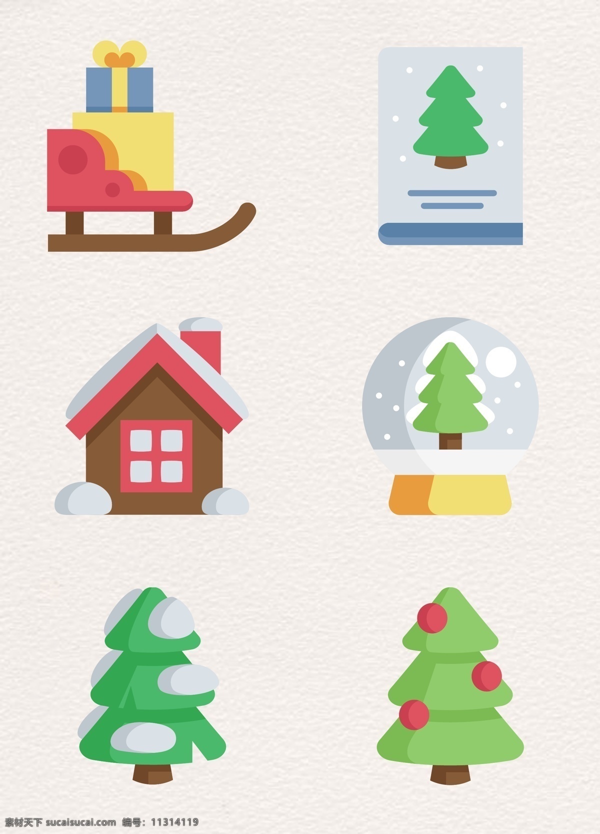 卡通 圣诞 元素 矢量 矢量图 圣诞元素 圣诞树 松树 手绘 雪橇 雪屋 雪球