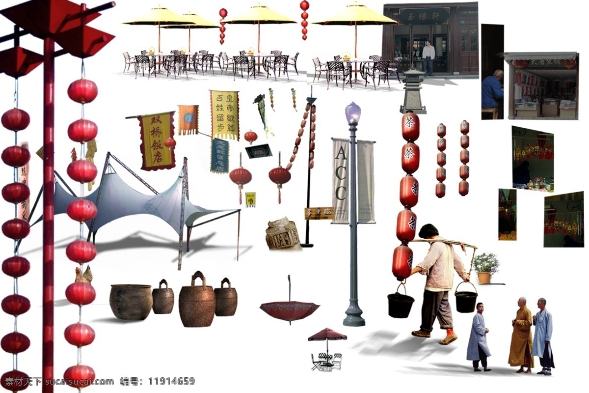 中国风素材 景观 小品 中国风 灯笼 和尚 分层 背景素材
