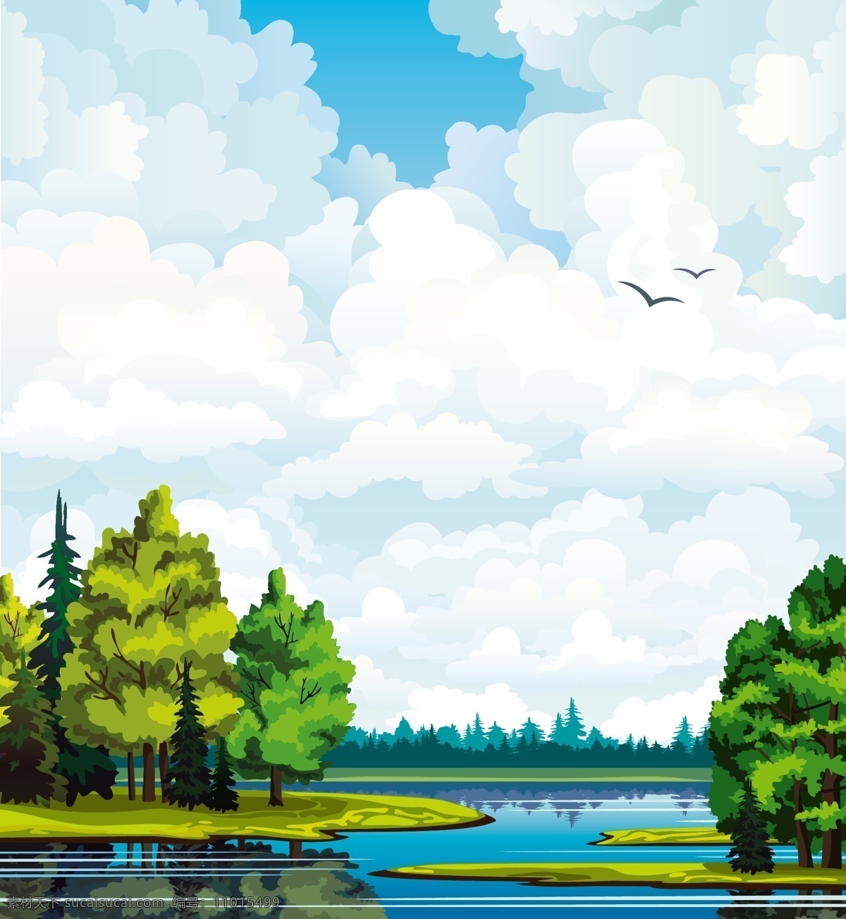 卡通 森林 湖泊 风光 倒影 风景 河流 鸟 矢量图 树木 夕阳 云朵 自然景观 其他矢量图