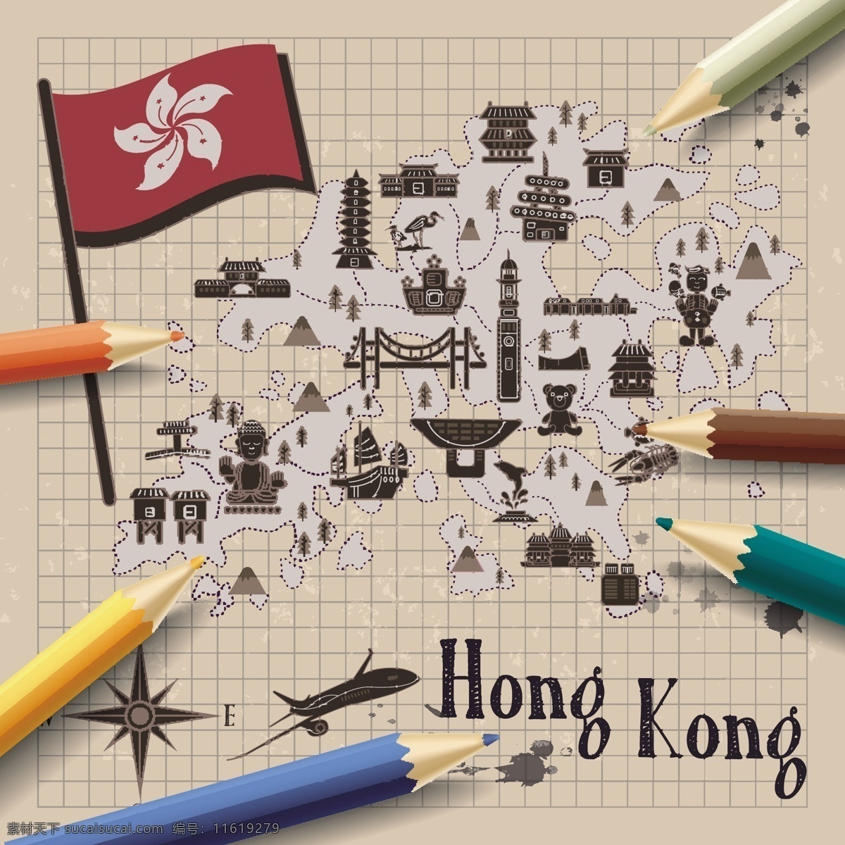 手绘 手绘地图 手绘路线图 香港旅行 旅行路线图 路线图 卡通地图 卡通路线图 香港路线图 旅游景点 扁平化地图 地图 灰色