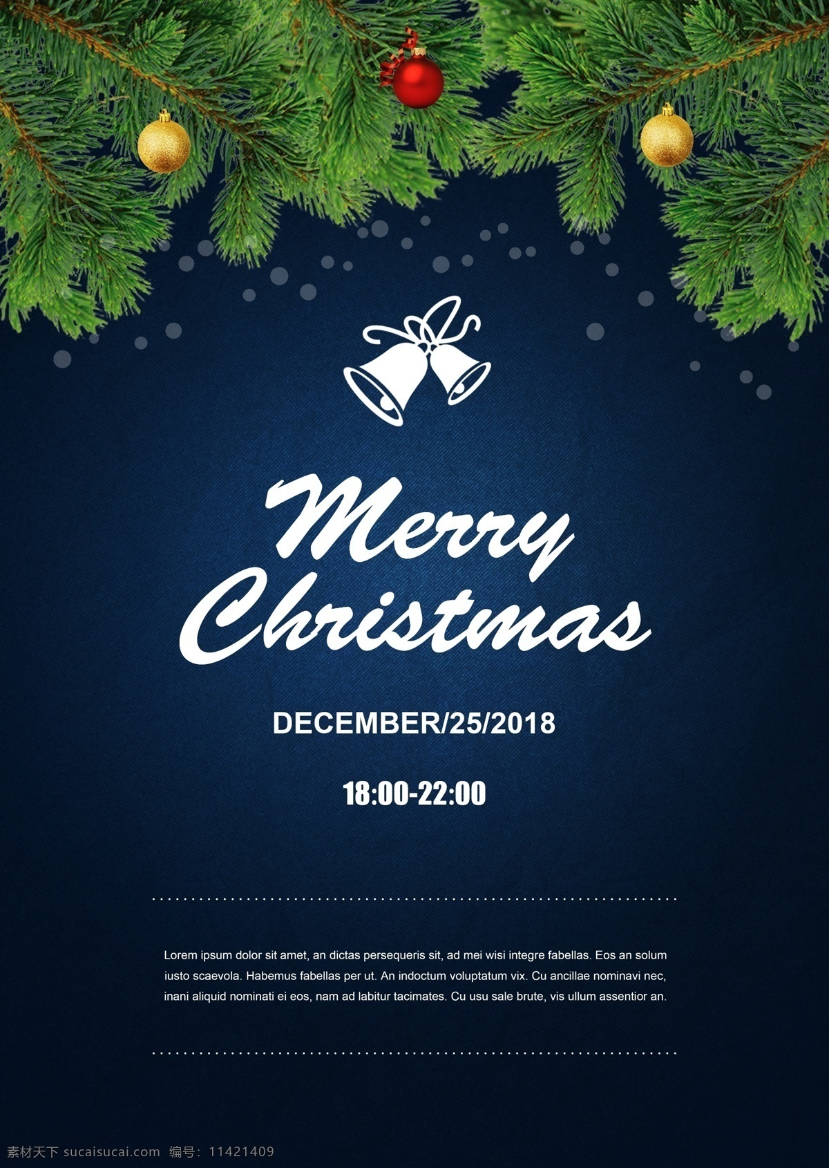 牛仔布 蓝色 圣诞节 海报 2019 简单 祝你圣诞快乐 白色字体 圣诞 圣诞装饰 时尚 牛仔蓝 松树 12月25日 圣诞球