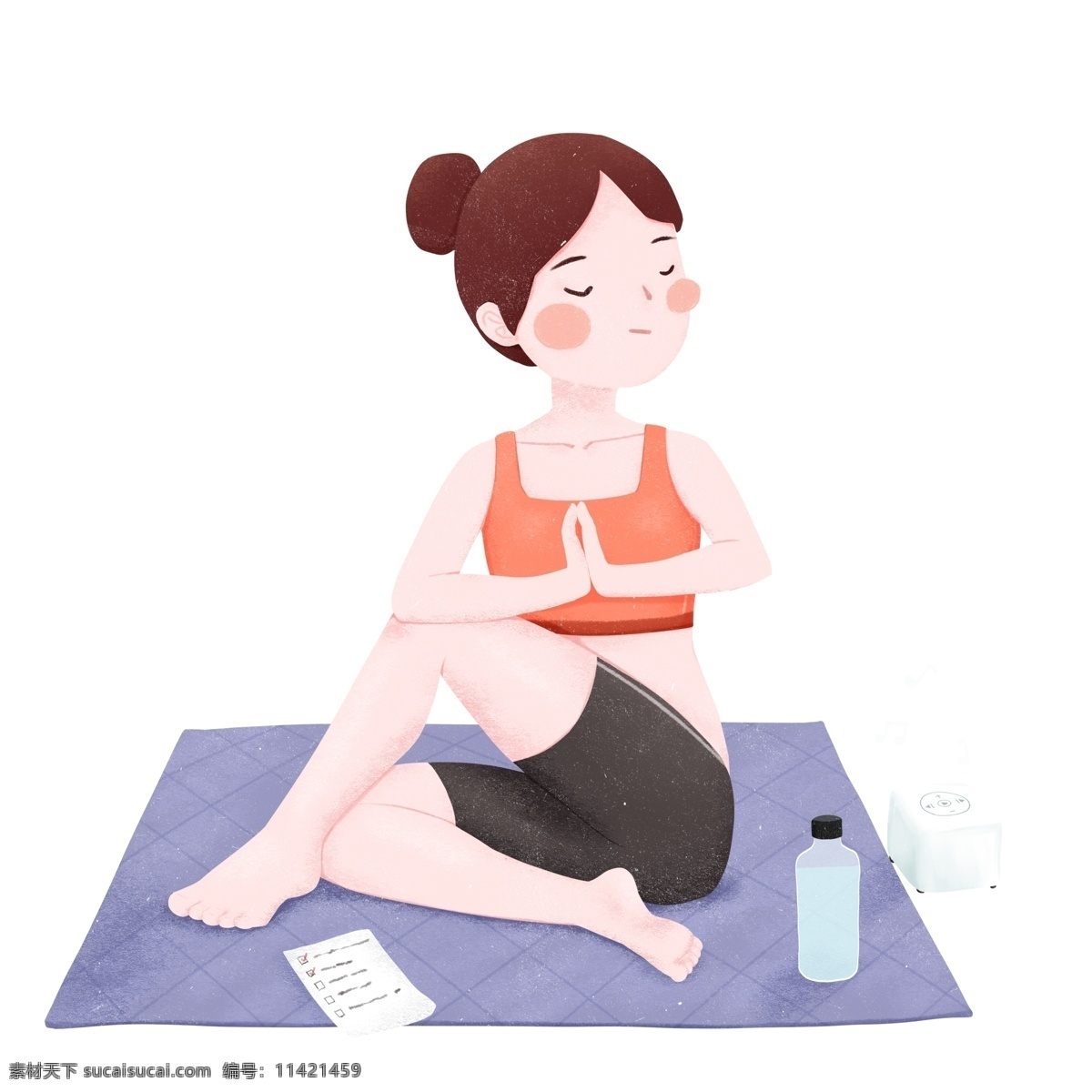 清新 手绘 做 瑜伽 女孩 卡通 女生 运动 剑圣 插画