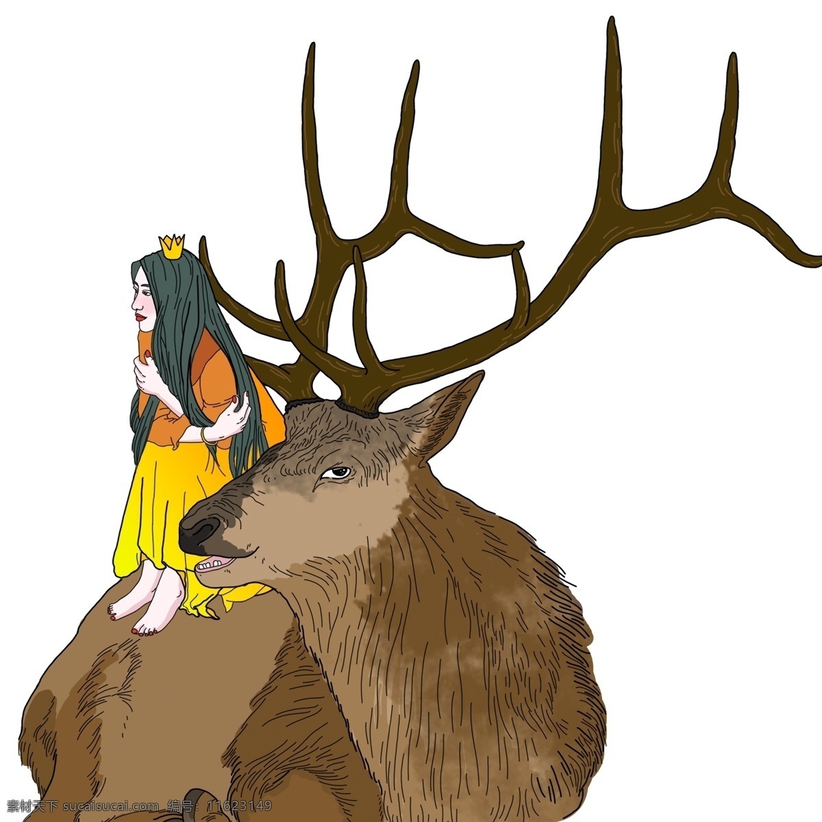 少女 小鹿 装饰 元素 清新 皇冠 长发 装饰元素 手绘 黄裙
