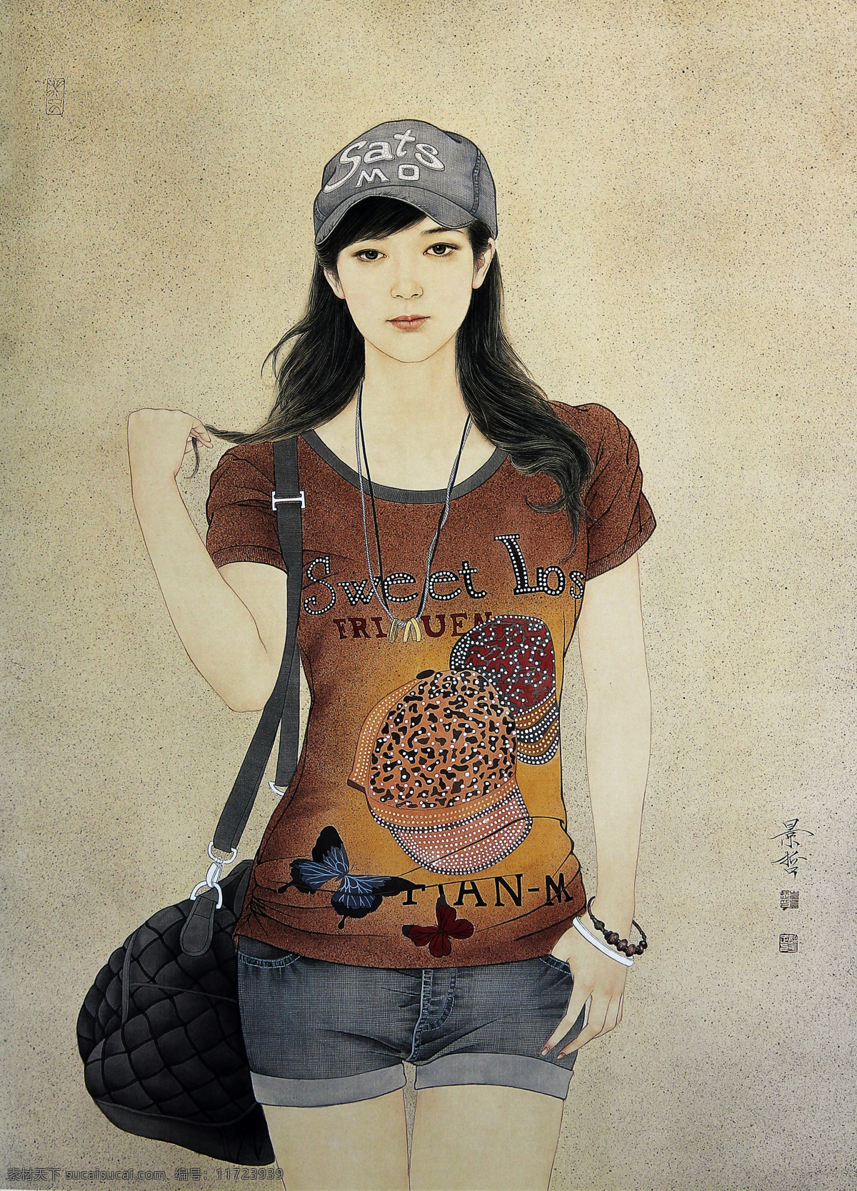 背包 长发 短发 黑发 绘画 绘画书法 帽子 美女 少女 人物画 设计素材 模板下载 人物 坐姿 站姿 休闲装 单肩包 书法绘画 文化艺术