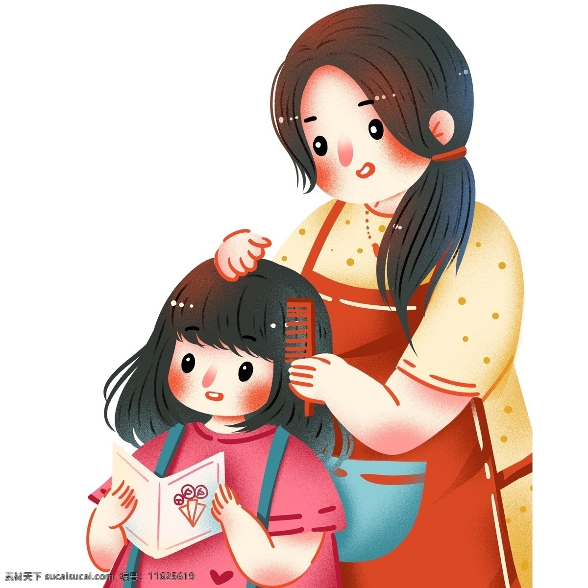 扁平化 女孩 梳 头发 妈妈 卡通 彩绘 小清新 插画 女生 梳头 母亲节 母女 温馨场景