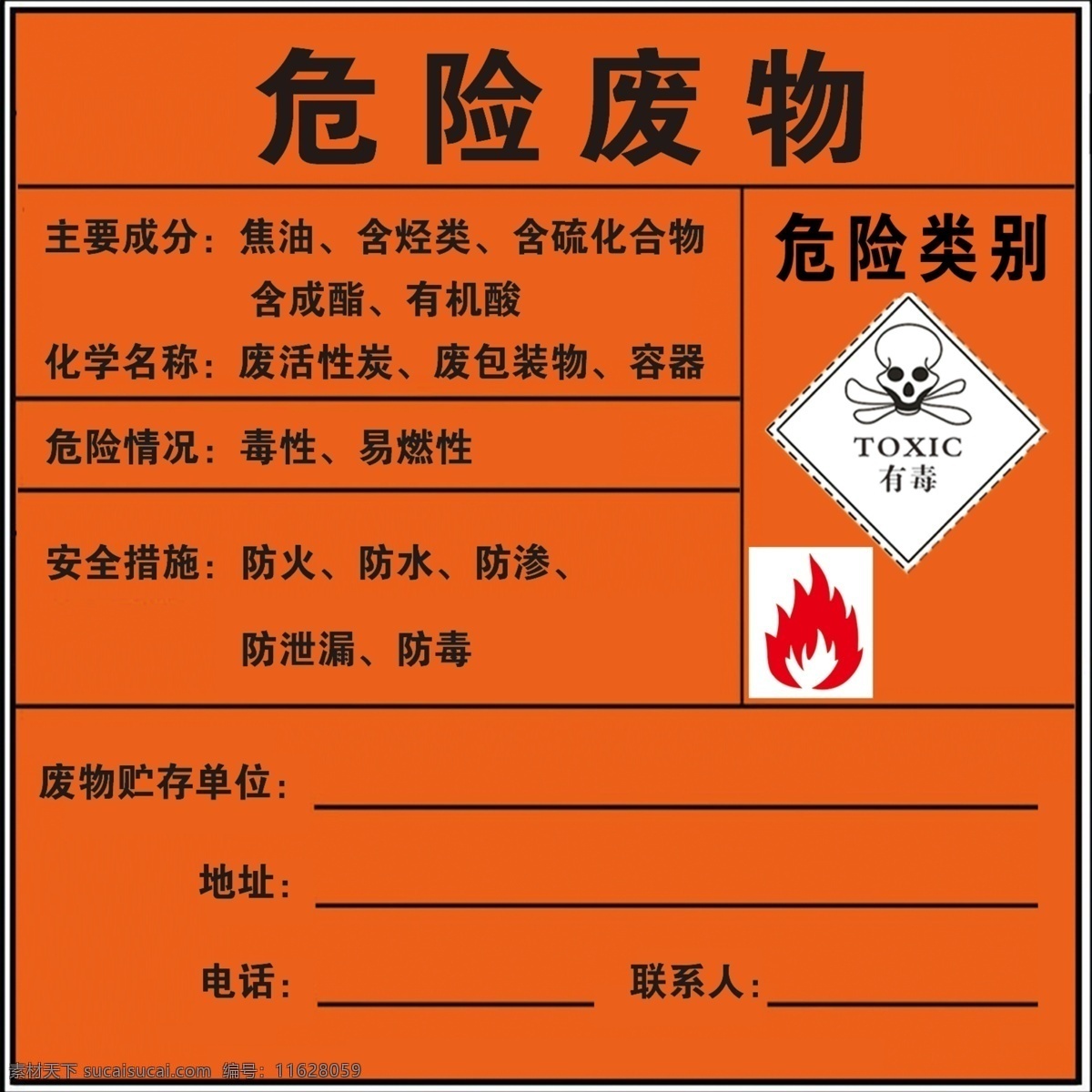 危险废物 废活性炭 易燃 有毒 焦油 标志牌 制度牌 分层