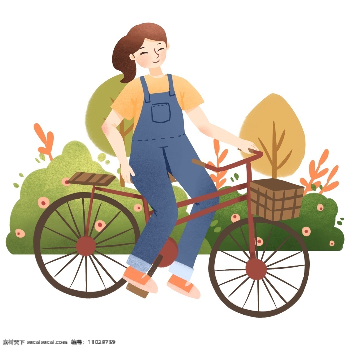 骑 自行车 小女孩 地球 小时 插画 骑自行车女孩 红色的自行车 黄色的叶子 植物装饰 卡通人物