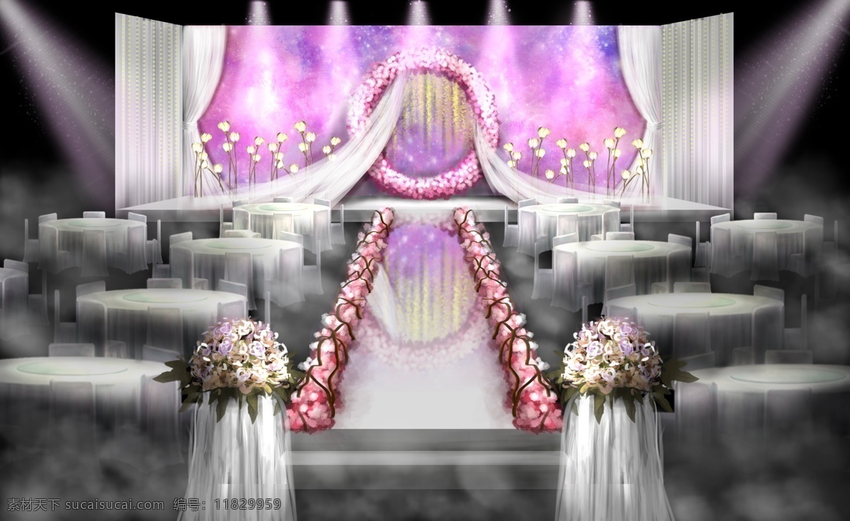 星空 背景 粉色 梦幻 婚礼 手绘 效果图 花环 樱花 龙珠灯 粉紫色婚礼 粉紫色星空