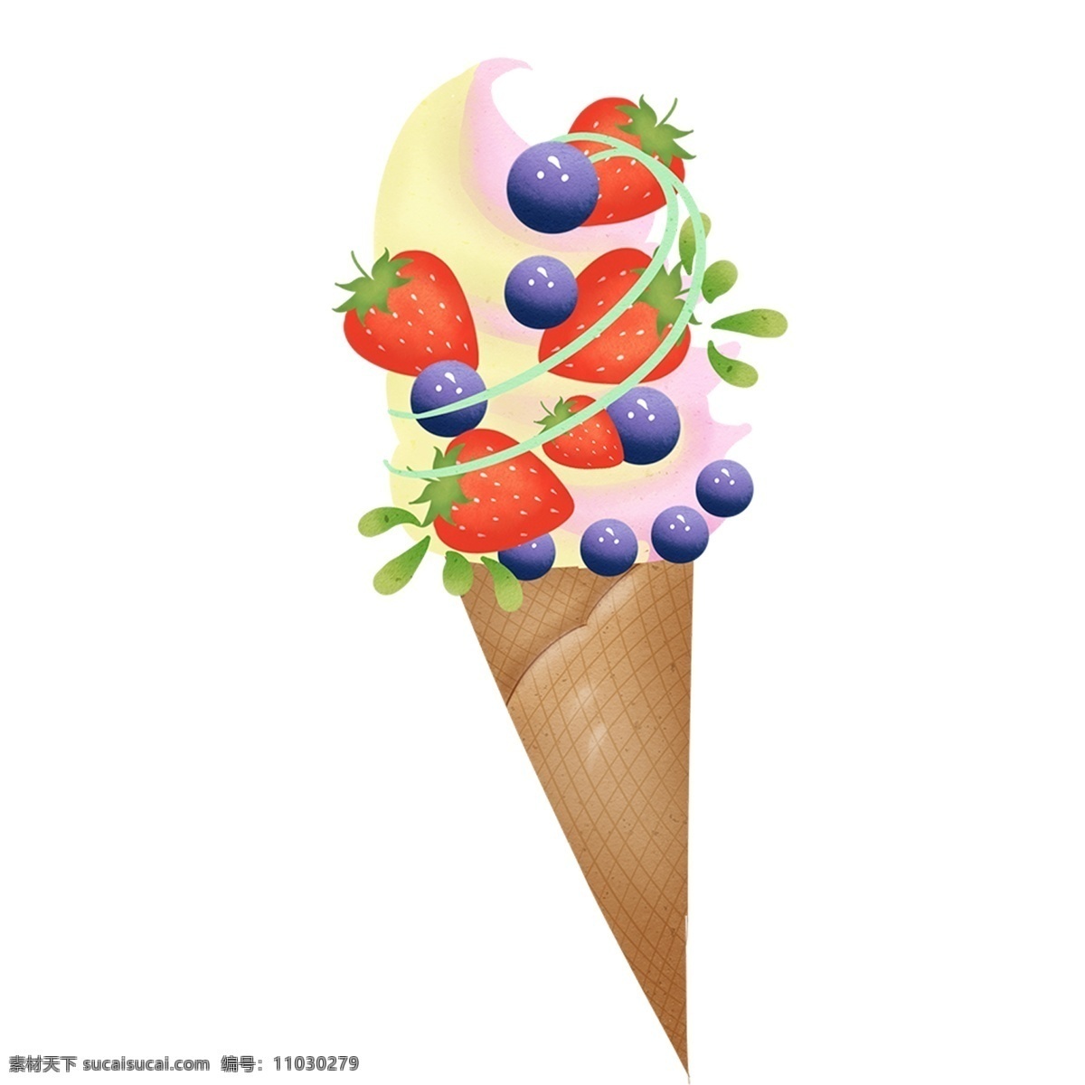 美味 水果 冰淇淋 装饰 元素 装饰元素 手绘 蓝莓 草莓 蛋壳 蛋卷