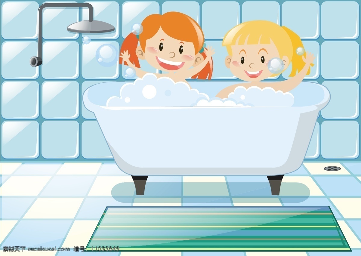 卡通 矢量 儿童 洗澡 可爱 浴室 浴缸 淋浴 男孩 女孩