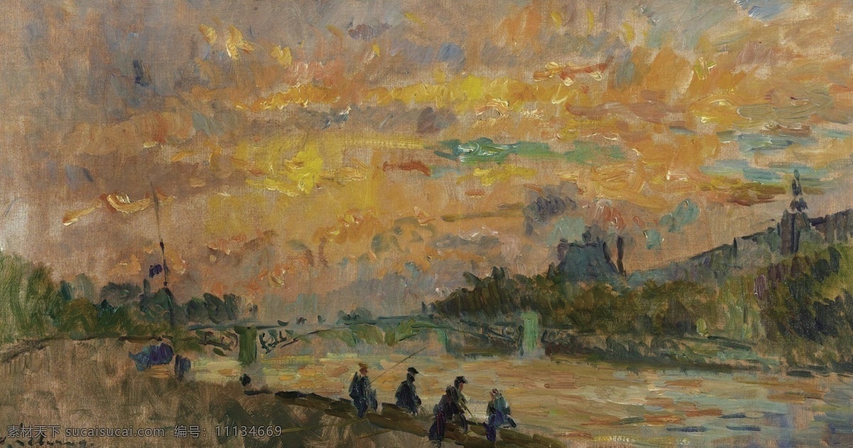 lebourg 印象派 风景 自然 山水 油画 装饰 sunset 法国 画家 阿尔伯 特勒 堡 albert the paris at saintperes of bridge