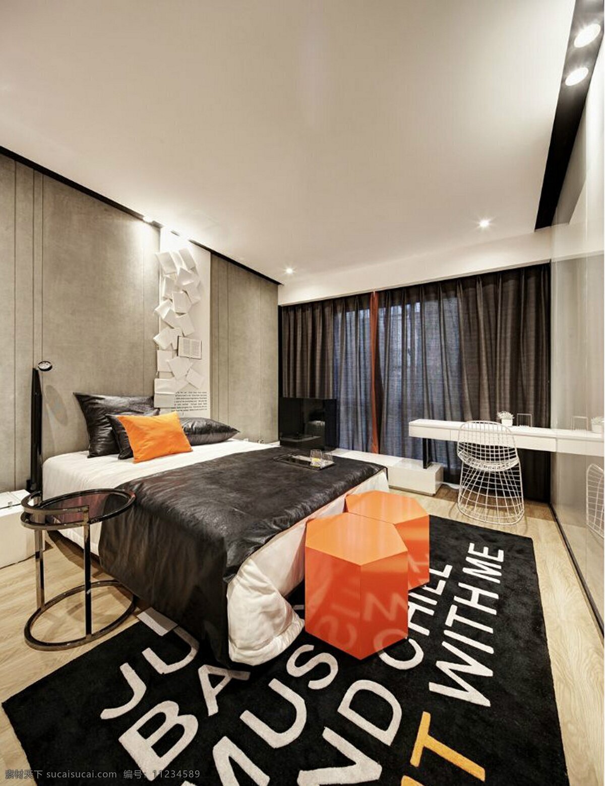 现代 时尚潮流 卧室 英文 地毯 室内装修 背景 墙 橘色沙发椅 白色座椅 卧室装修 白色床头柜
