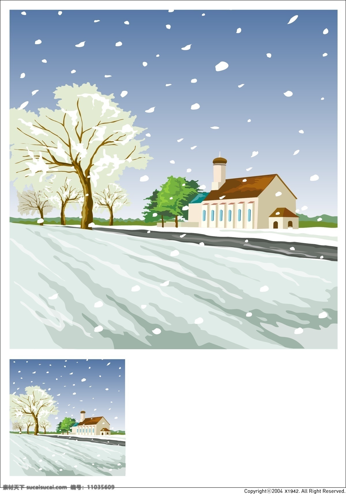 好看的雪景 场景 雪景 美景 树 白色的树 房子