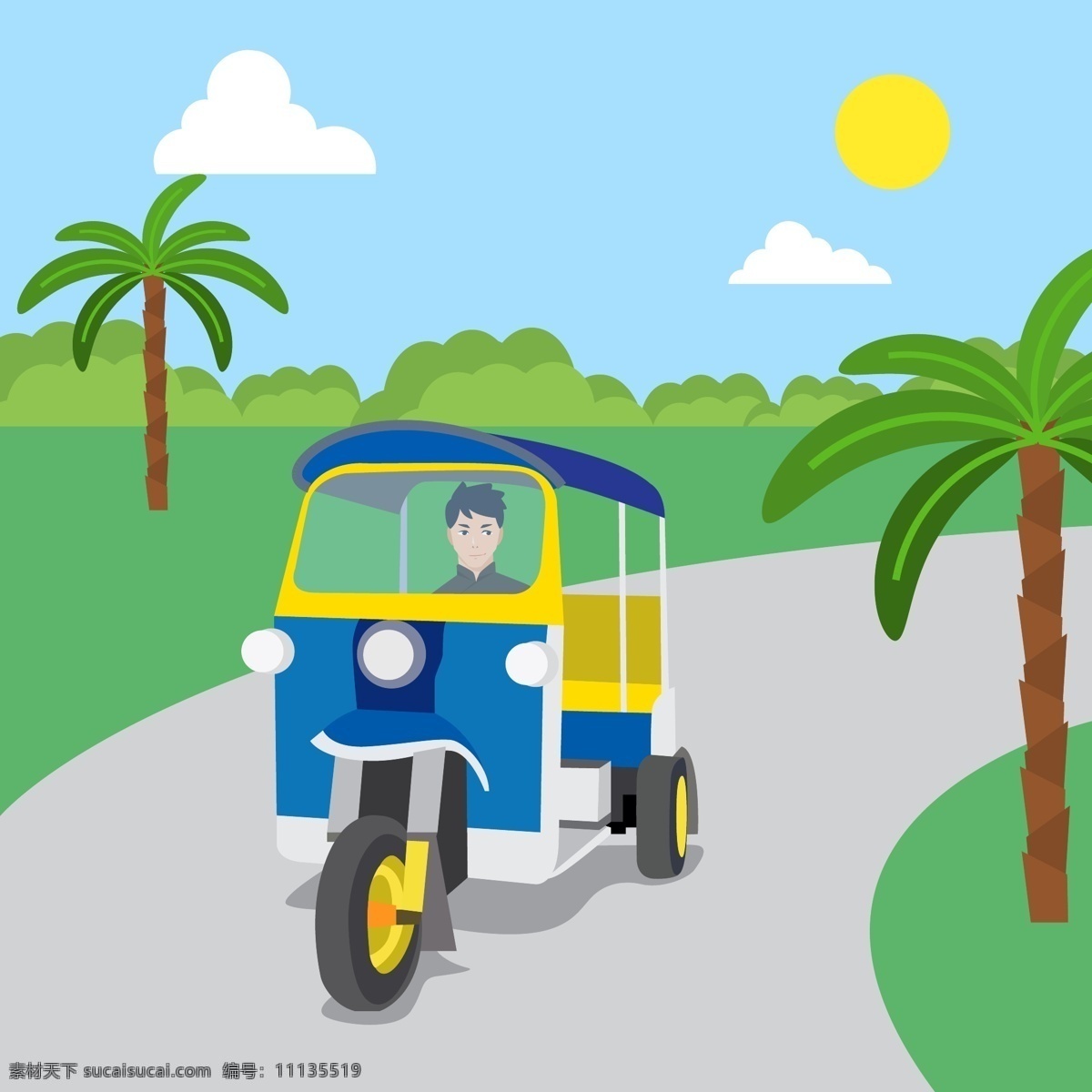 卡通 泰国 观光 巴士 绿色 砖 新鲜 观光车 三轮车 人物 椰子树 风景