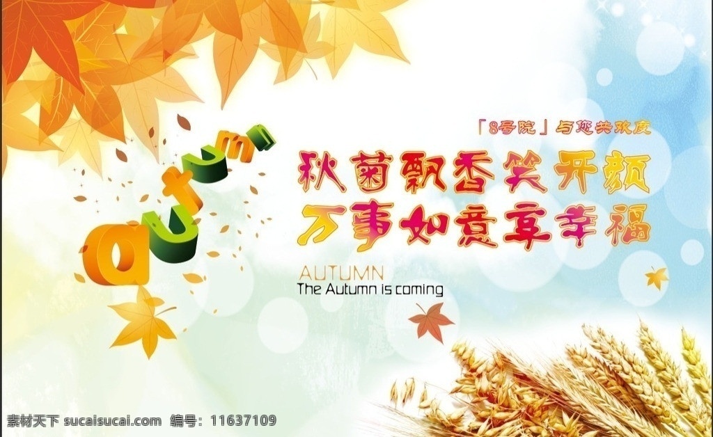 秋 枫叶 麦穗 万事如意 矢量