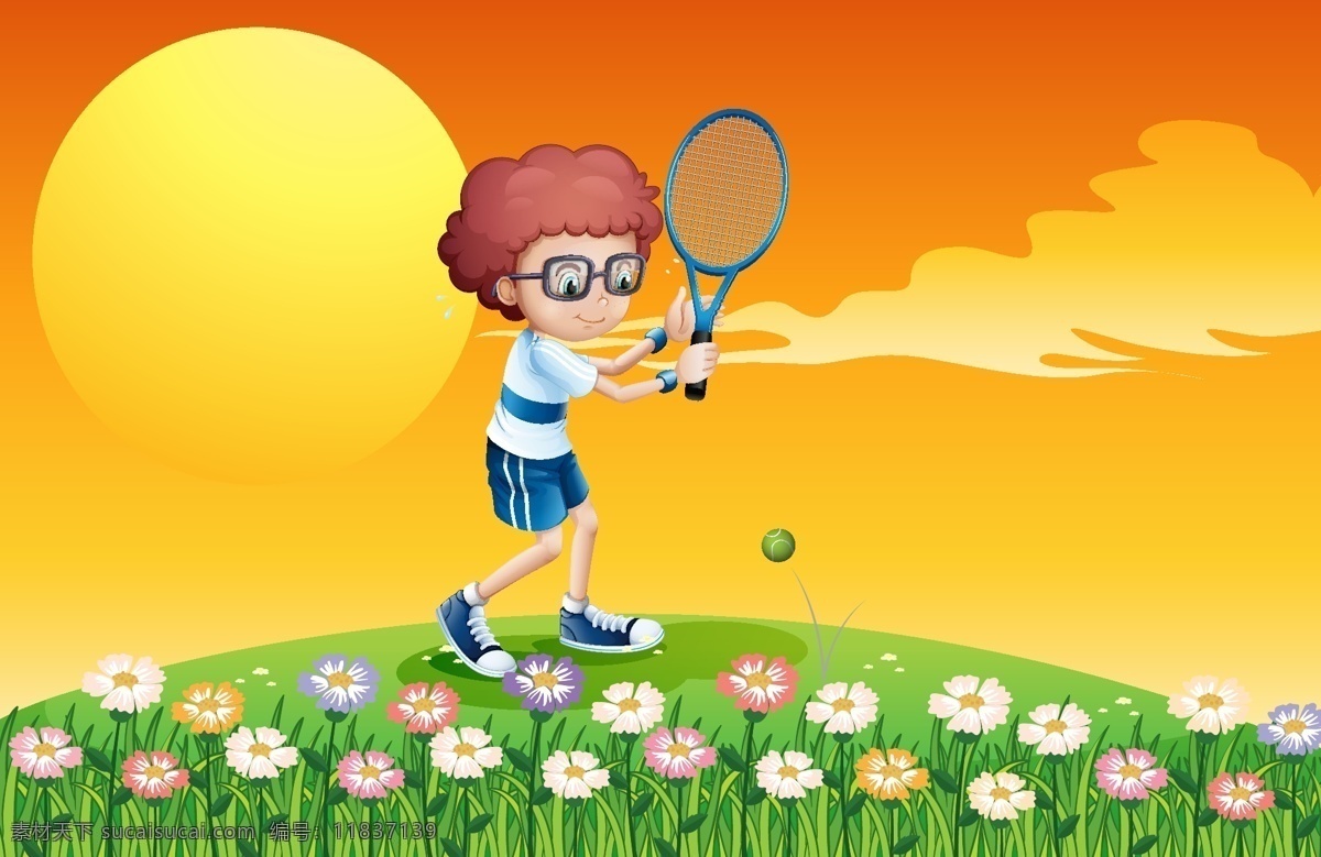 卡通网球运动 运动 体育 运动员 比赛 竞赛 球类 儿童 体育素材 网球 草地 花朵 太阳 卡通儿童 卡通设计