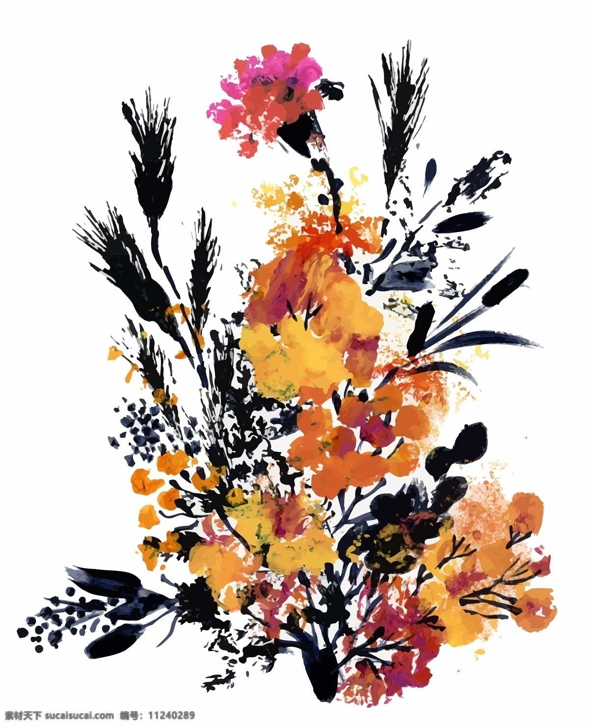 毛笔 手绘 植物 花朵 水彩 矢量 文件 黄色 花束 中国风 国画 小花 鲜花 卡通 装饰 印刷 高清