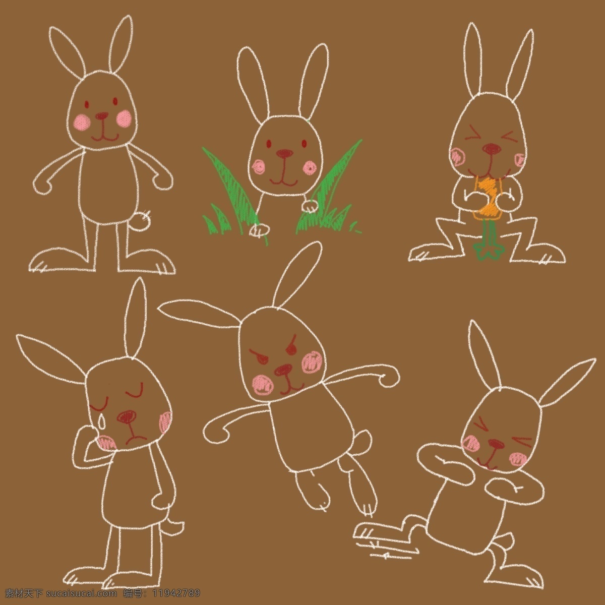 手绘卡通兔子 手绘 粉笔画 兔子 卡通 可爱 插画 动物 源文件