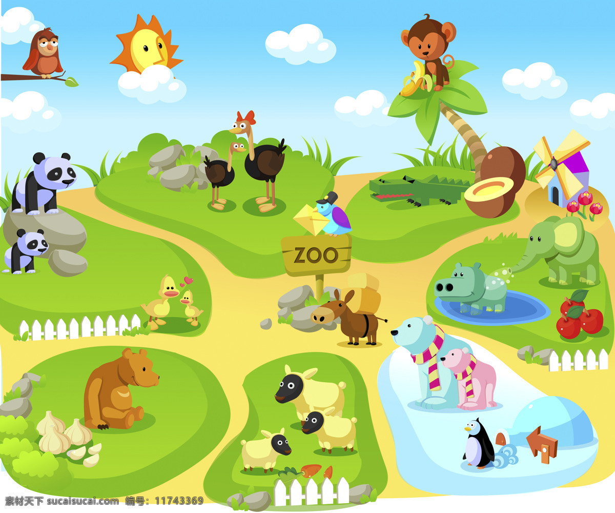 可爱 卡通 图画 插画 动物园 各种动物 熊猫 大象 羊 漫画插画 文化艺术
