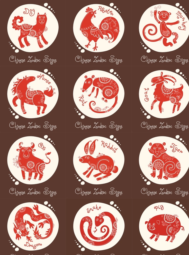 生肖 图案 矢量 12生肖图案 精美的图案 12生肖 可爱的小动物 红色剪纸 属相 日历 12生肖图 传统图案 分层