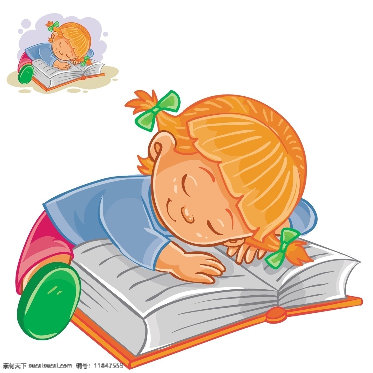 趴在 书本 上 睡觉 小女孩 孩子 学生 翻开 看书 学习 阅读 念书 卡通儿童 漫画 插画 动漫动画 动漫人物