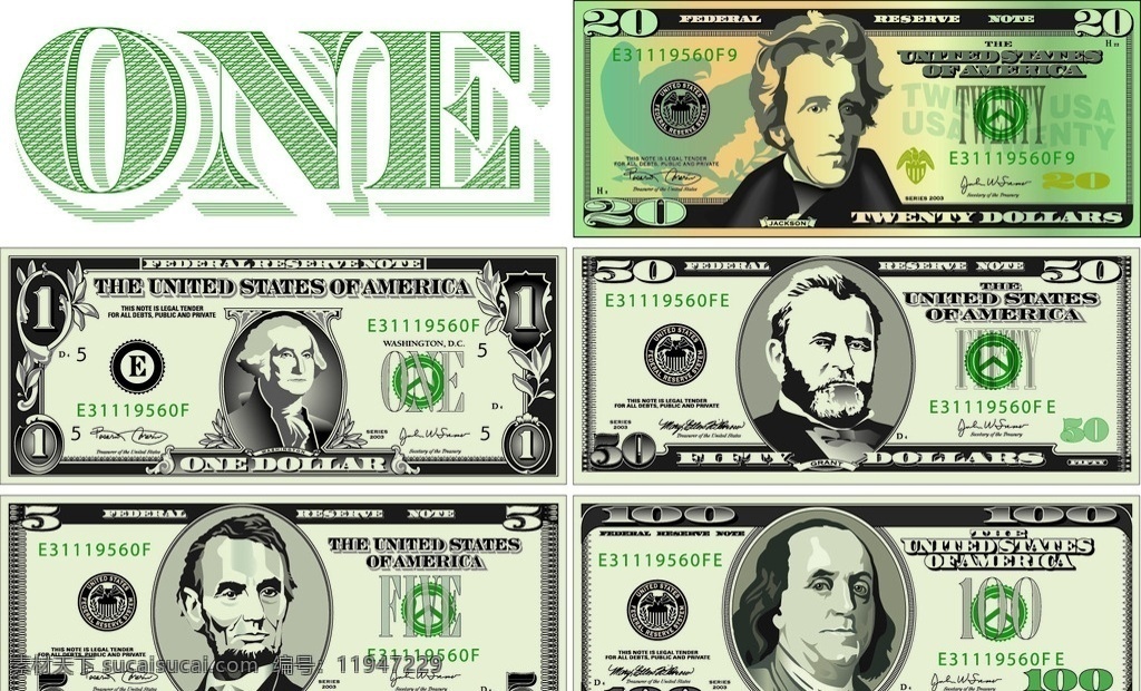 美元 钞票 纸币 金融货币 美国总统头像 商务 商业插画 矢量 商务金融