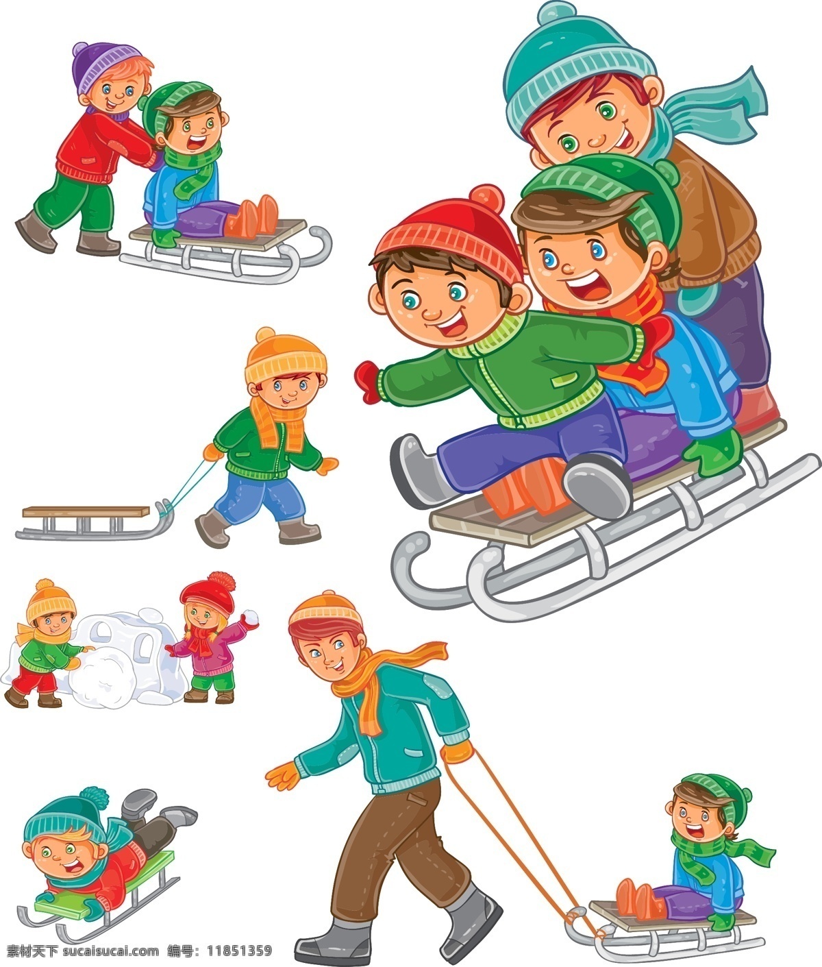 彩色 可爱 的卡 通 人物 卡通 冬季 矢量素材 儿童 滑雪 堆雪人