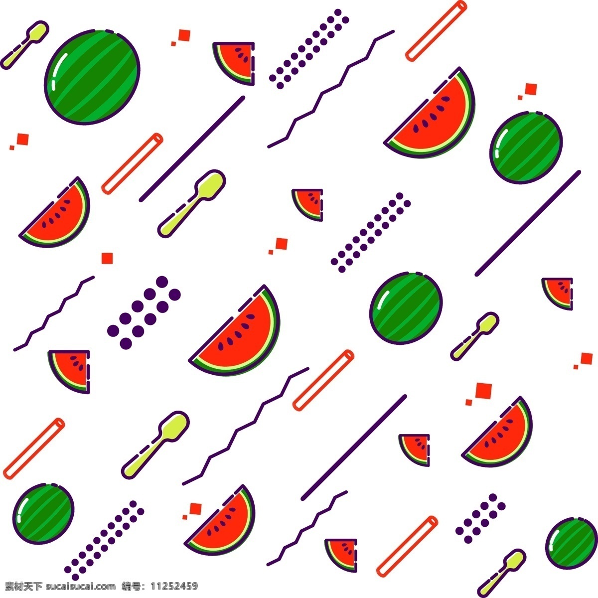 漂浮 元素 水果 西瓜 mbe 风格 彩色 原创 食物 餐具 卡通 可爱 动感 果蔬 勺子 多彩 矢量 射线 线段 点线面 不规则
