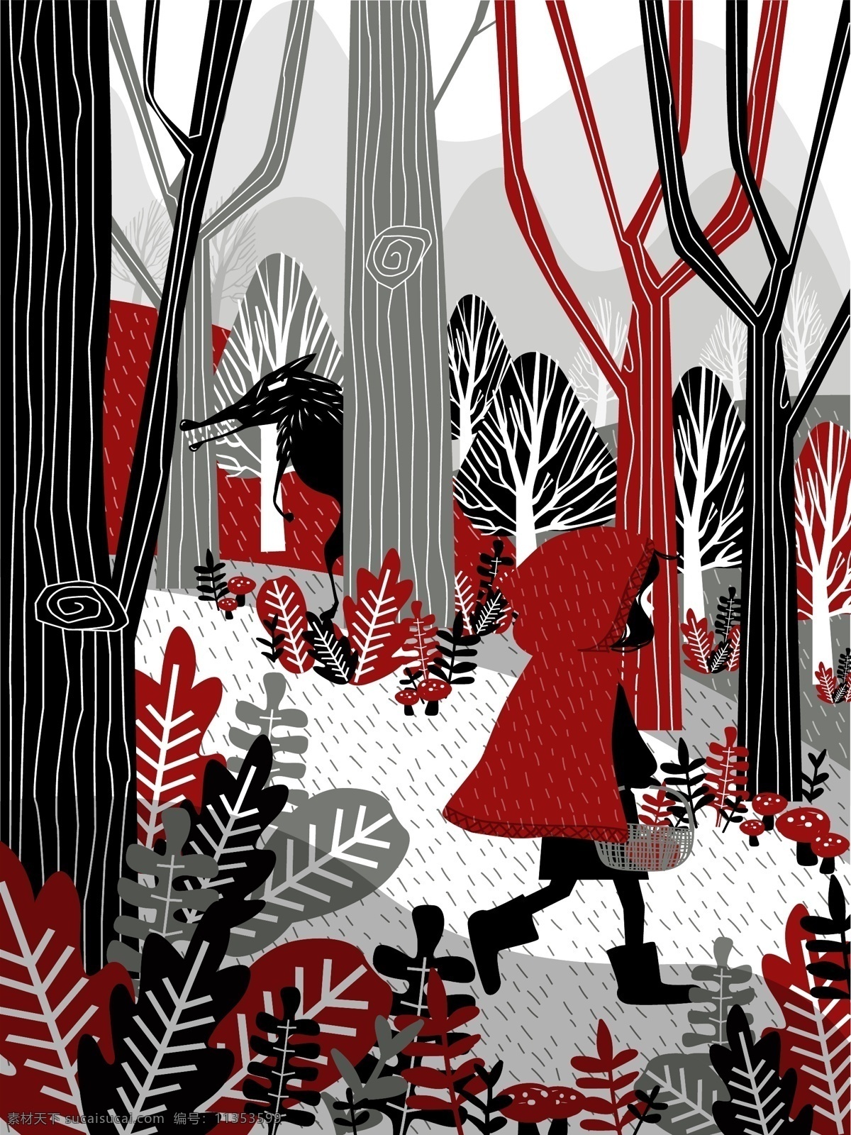 红 头巾 小女孩 森林 里 散步 背景 树 人 卡片 书 人物 卡通 动物 红色 红色背景 壁纸 风景 可爱 艺术 图形 儿童 绘画 狼