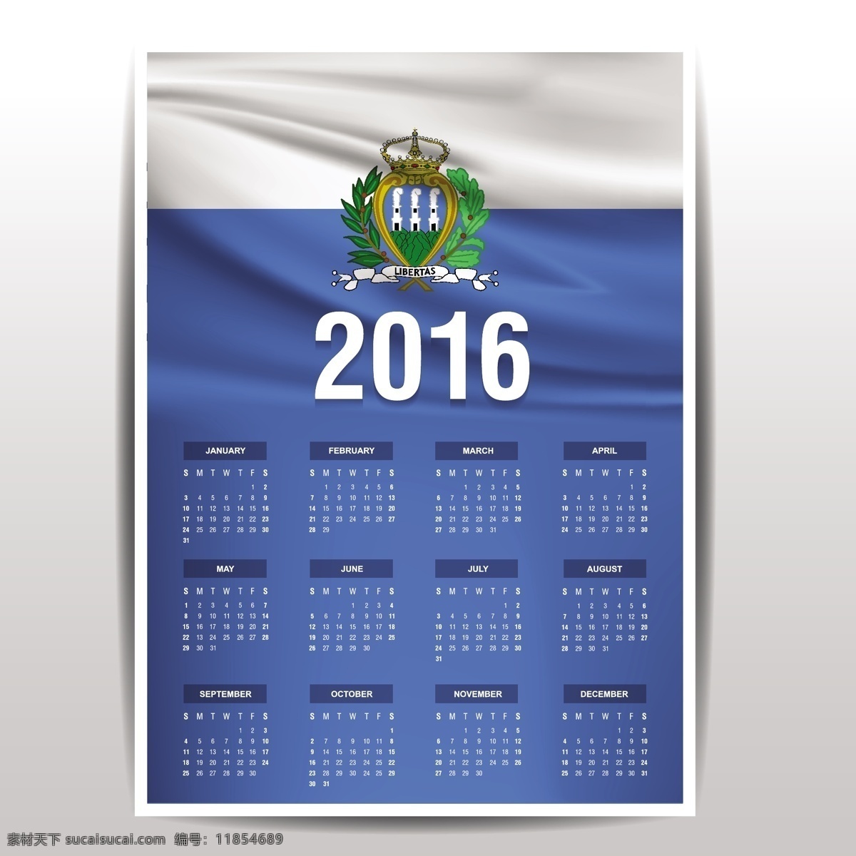 圣马力诺 日历 2016 标志 模板 时间 数字 年份 国家 日期 月份 计划 爱国 一月 十二月 十一月 白色