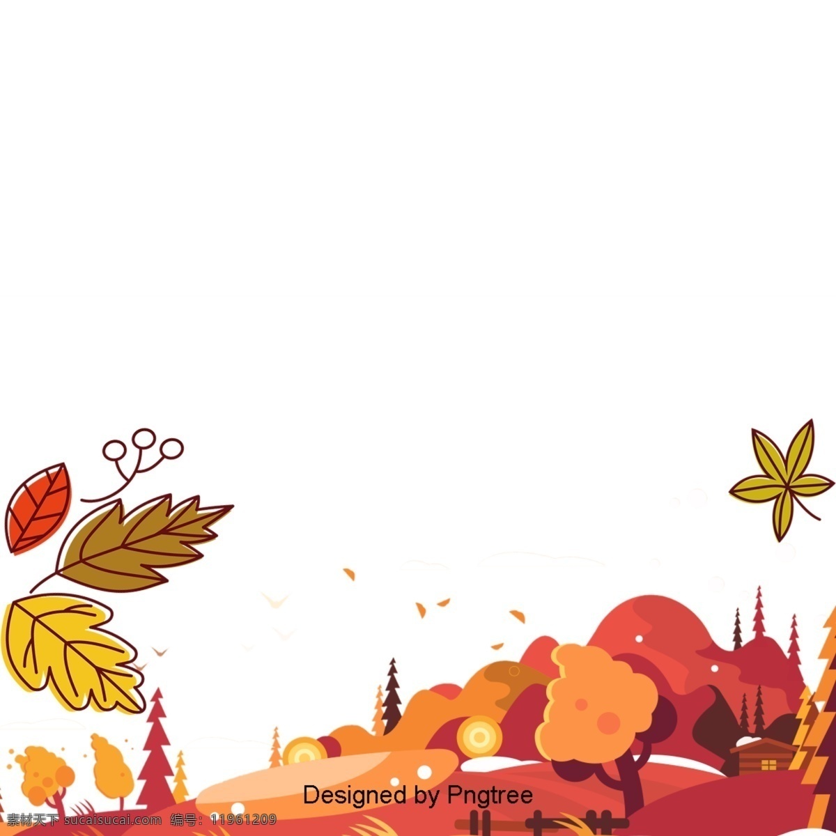 美丽 多彩 卡通 可爱 手绘 水彩 秋天 金叶 金色 树叶 山坡 树
