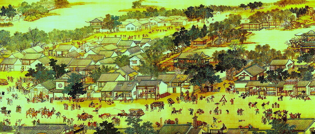 清明上河图 局部 文化艺术 传统文化 画轴 线条图 古画 美术绘画 名画 国画 书画文字 黄色