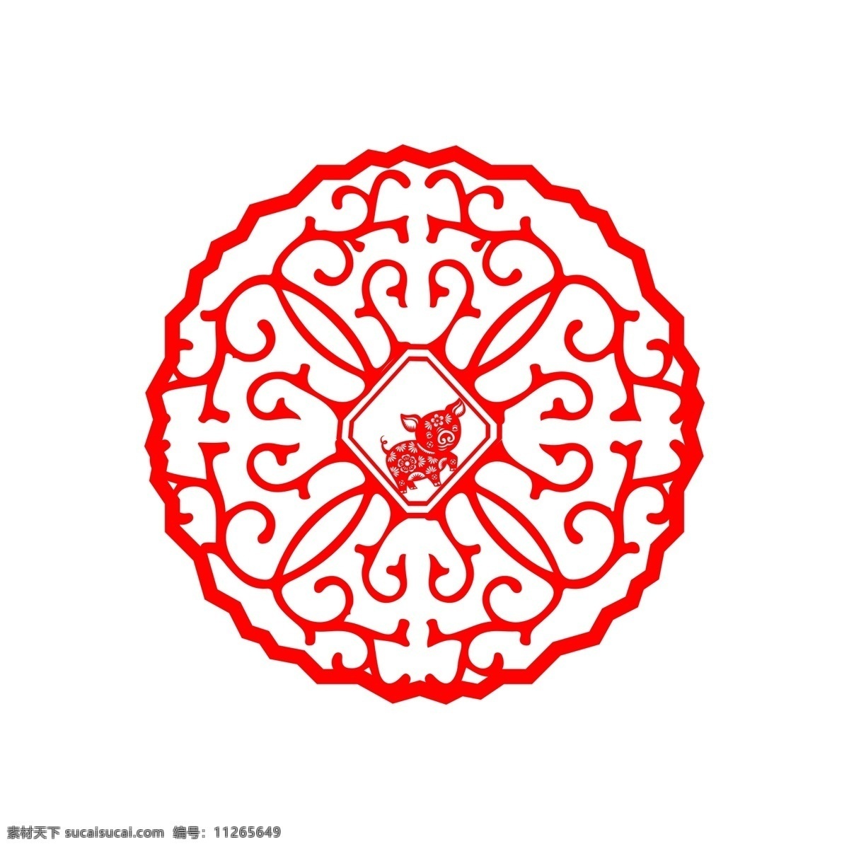 中国 风 红色 喜庆 猪 元素 剪纸 花纹 装饰 环形 环纹 古风 传统