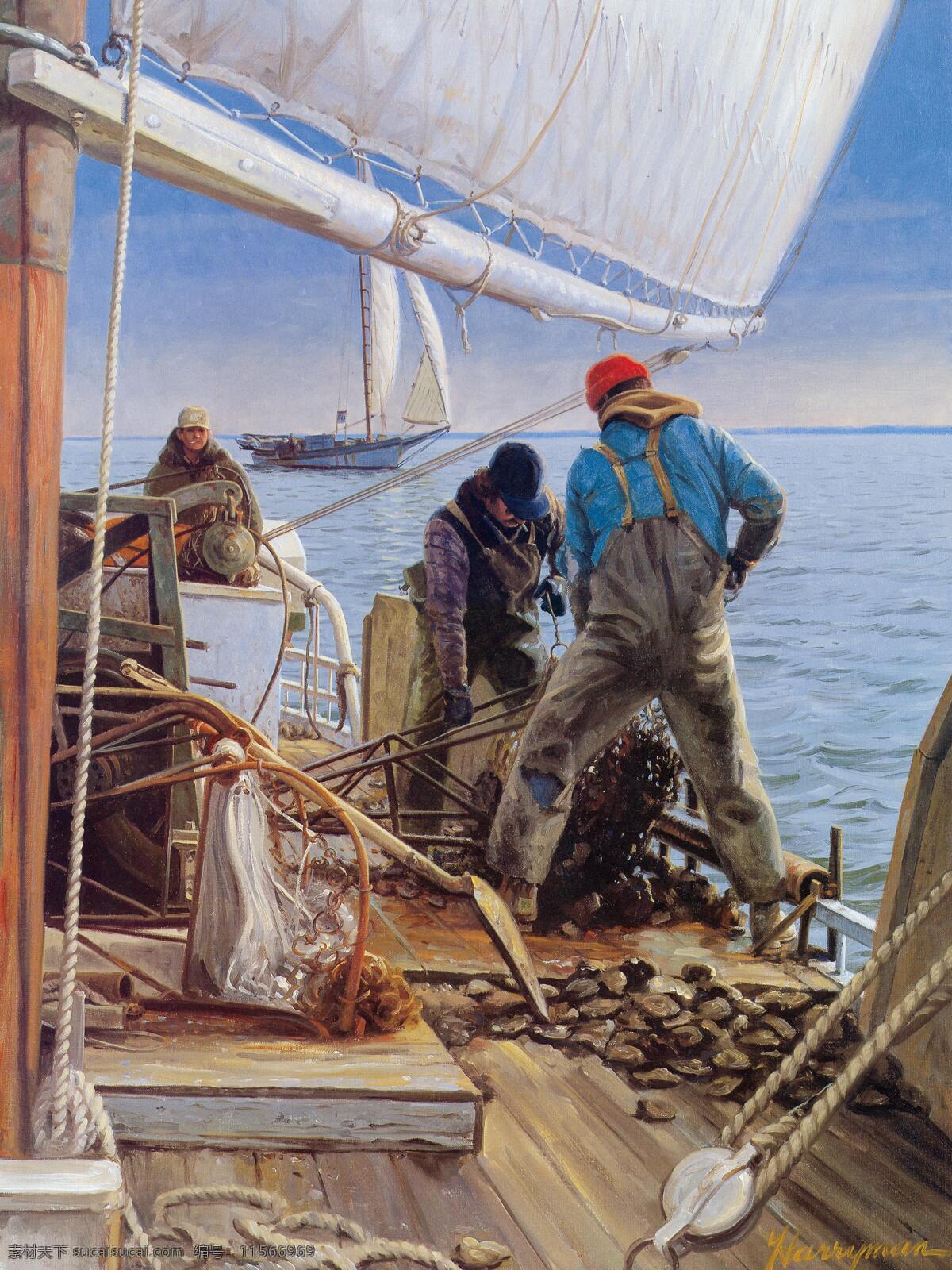 海上作业 油画作品 海上工作 油画人物 打鱼 大海 工人 捕鱼 文化艺术
